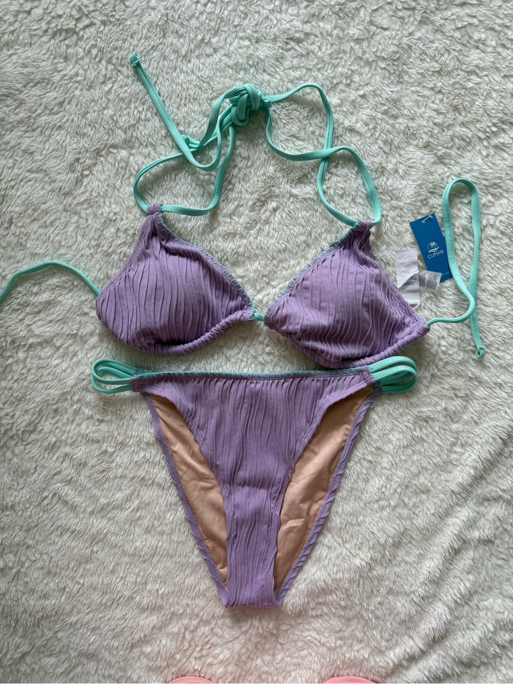 Cupshe Lavender Ribbed Triangle Bikini with Mint Straps